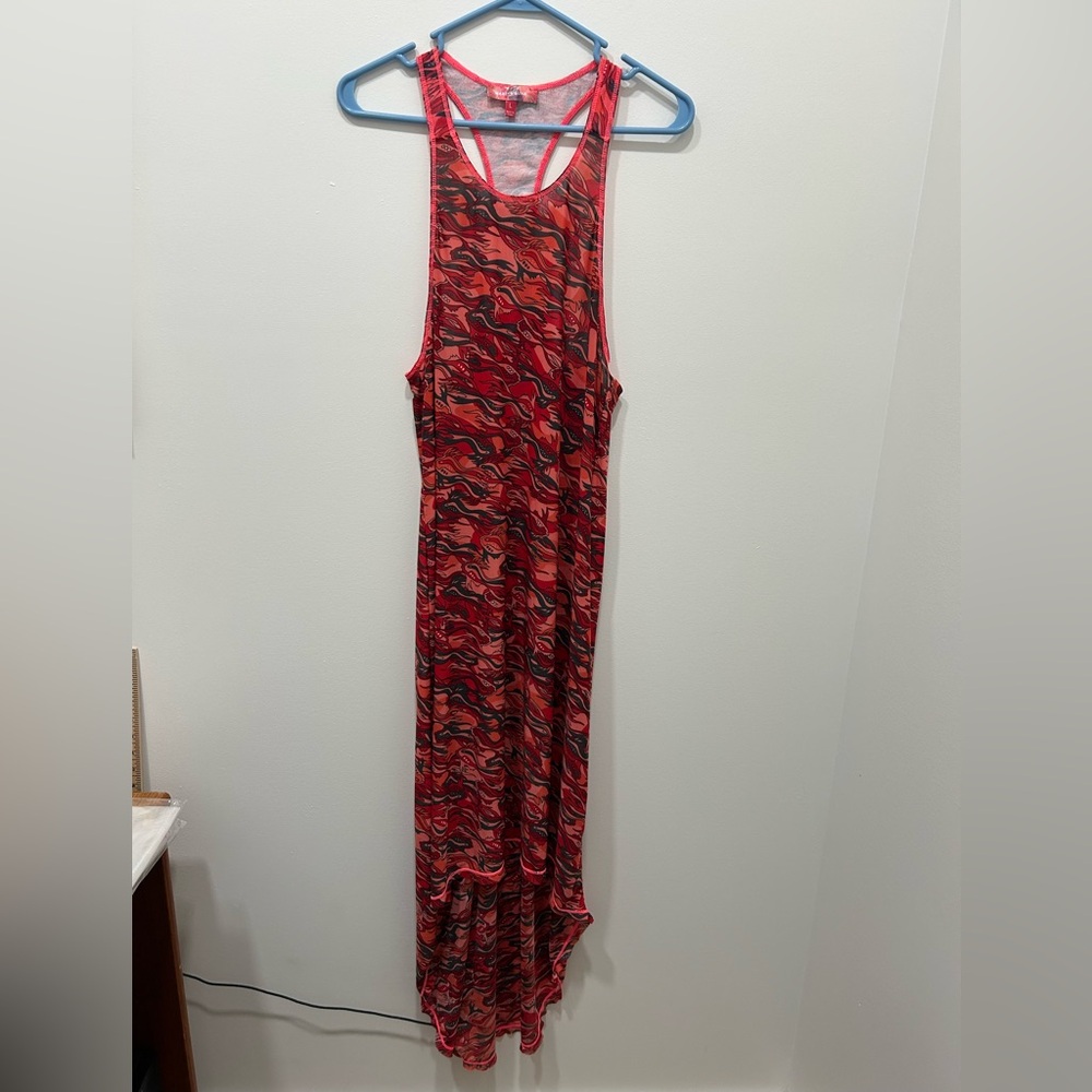 Marina Luna Cover Up Size L Orange Red Fish Floral Sheer Racerback Swim‎ Dress